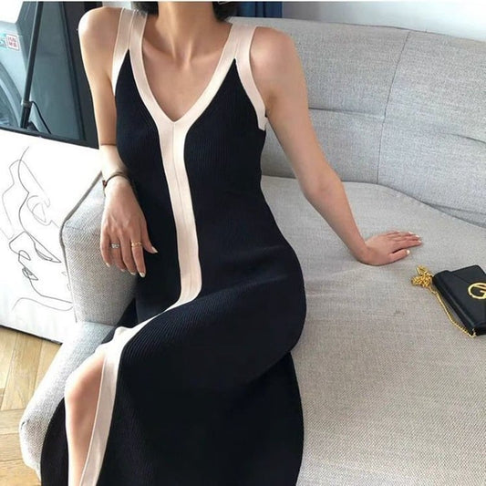 Color Block V-Neck Long Knitted Cami Dress