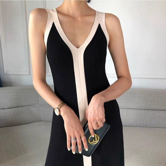 Color Block V-Neck Long Knitted Cami Dress
