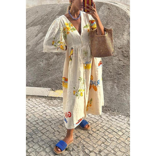 Printed Linen Midi Dress