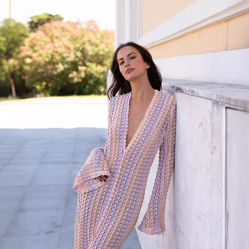 BOHO V NECK BELL SLEEVE WAVY STRIPED CROCHET BEACH VACATION MAXI DRESS