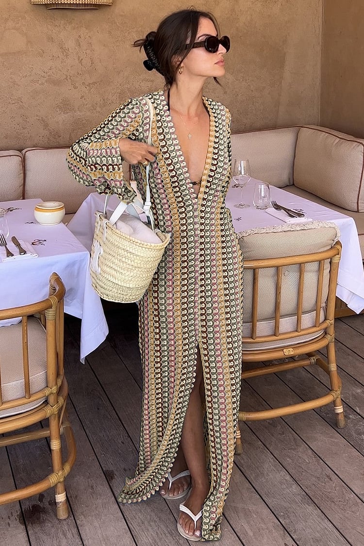BOHO V NECK BELL SLEEVE WAVY STRIPED CROCHET BEACH VACATION MAXI DRESS