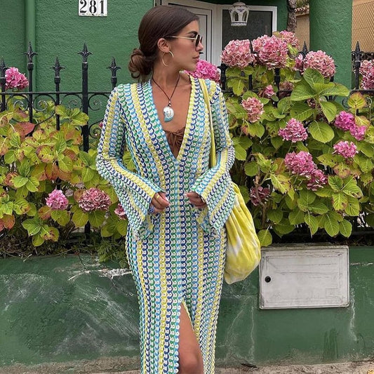 BOHO V NECK BELL SLEEVE WAVY STRIPED CROCHET BEACH VACATION MAXI DRESS