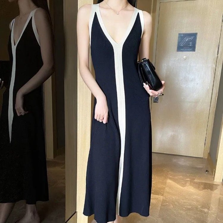 Color Block V-Neck Long Knitted Cami Dress