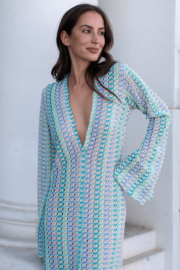 BOHO V NECK BELL SLEEVE WAVY STRIPED CROCHET BEACH VACATION MAXI DRESS