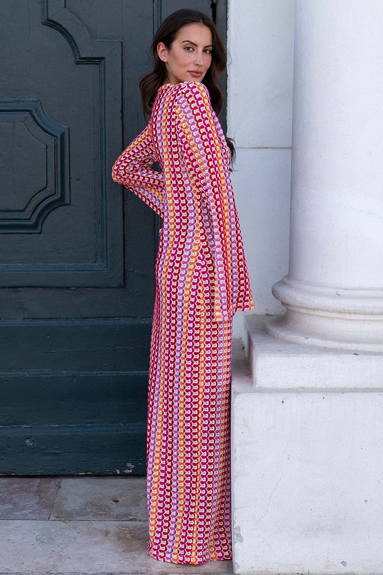 BOHO V NECK BELL SLEEVE WAVY STRIPED CROCHET BEACH VACATION MAXI DRESS